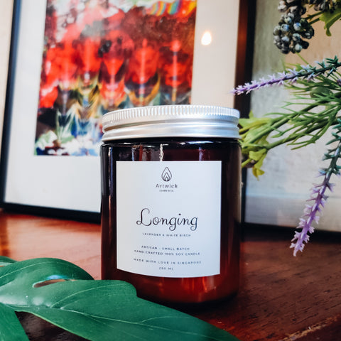 Longing scented soy candle - lavender and white birch - artwick candle